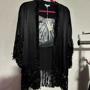 Gold Hawk Black Fringe Sequin Women's Jacket with belt